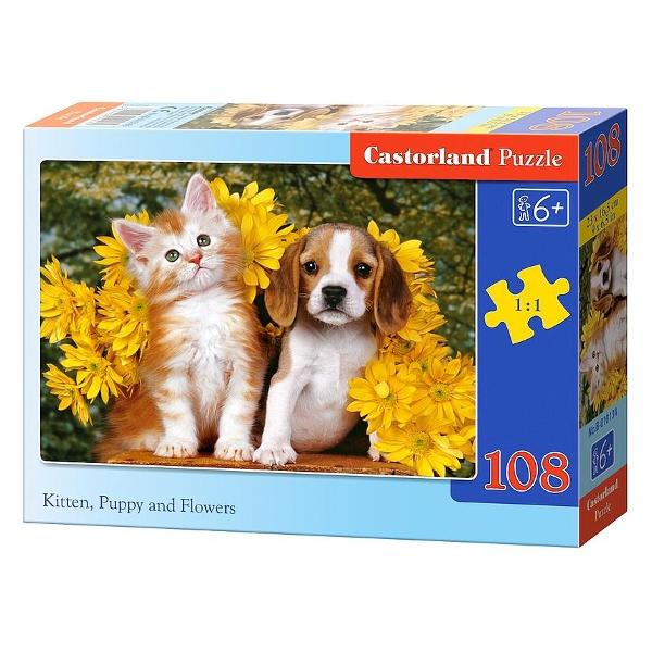 Puzzle 108 Castorland - Kitten, Puppy and Flowers