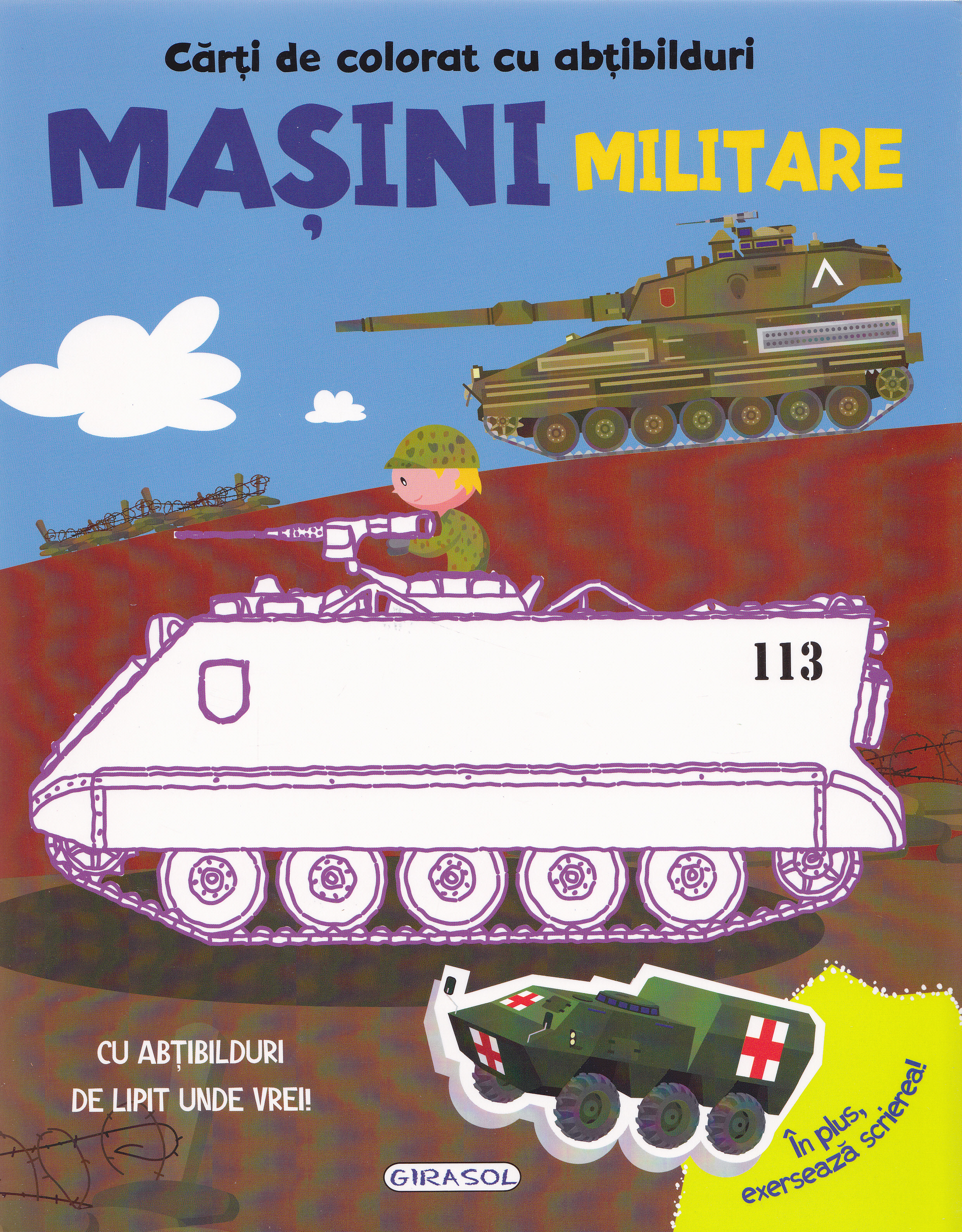 Carte de colorat cu abtibilduri - Masini militare