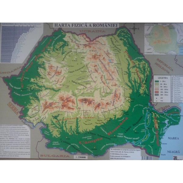 Harta fizica a Romaniei + Harta administrativa a Romaniei 1:2.300.000