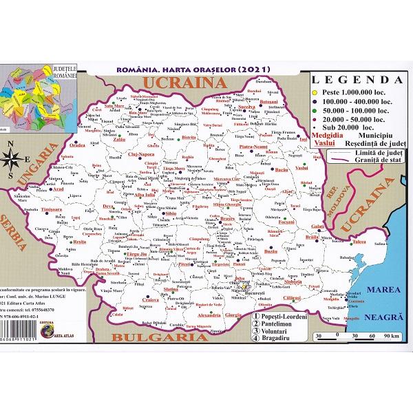 Harta fizica a Romaniei + Harta administrativa a Romaniei 1:3.200.000 (pliata)