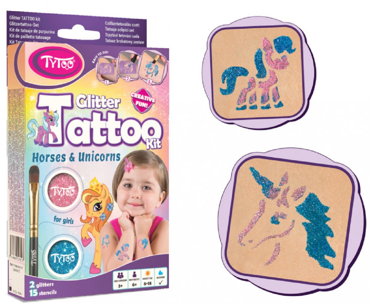 Glitter Tattoo Kit: Horses and Unicorns. Tatuaje cu sclipici: cai si unicorni