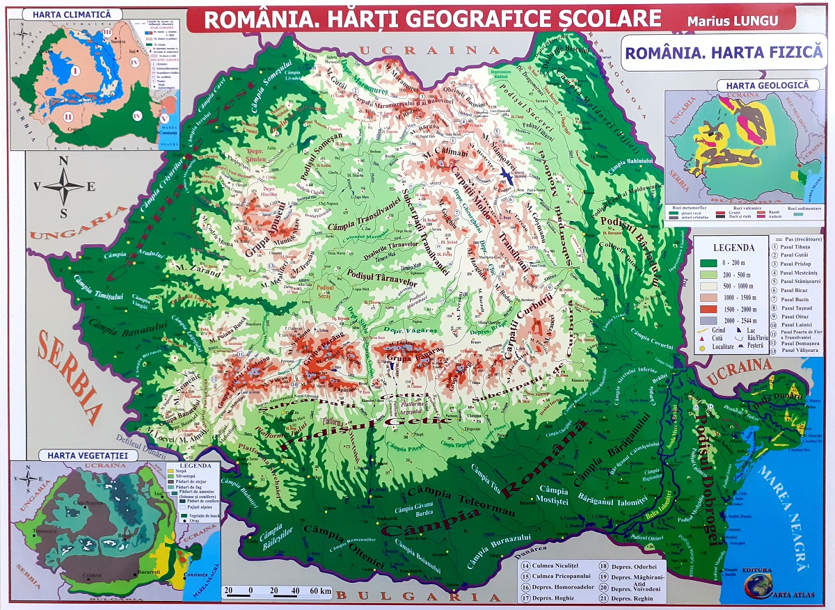 Romania. Harta fizica + harta repartitiei oraselor