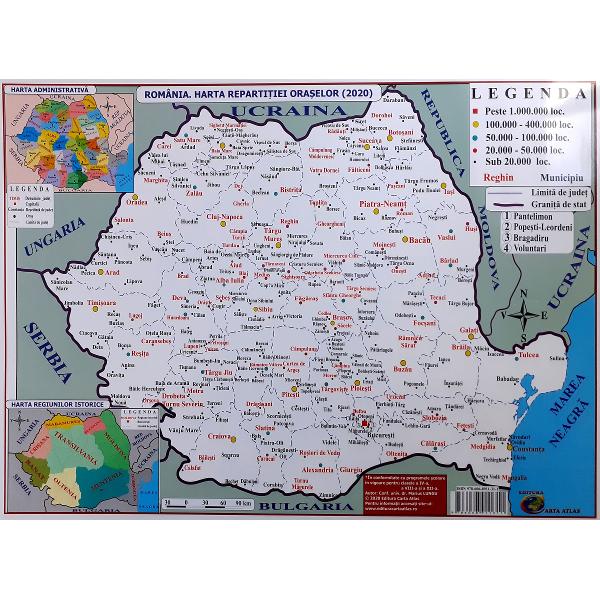 Romania. Harta fizica + harta repartitiei oraselor