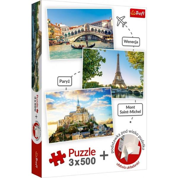 Set puzzle 3 x 500. Venetia, Paris, Mont Saint-Michel