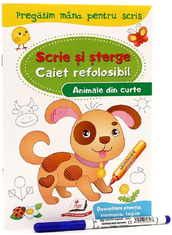 Scrie si sterge. Animale din curte. Caiet refolosibil + whiteboard marker
