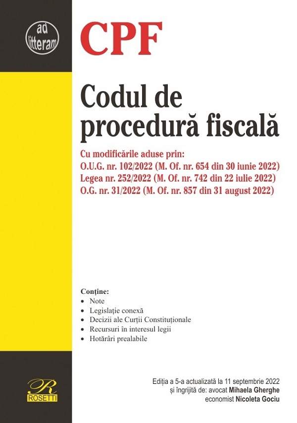 Codul de procedura fiscala Ed.5 Act. 11 septembrie 2022