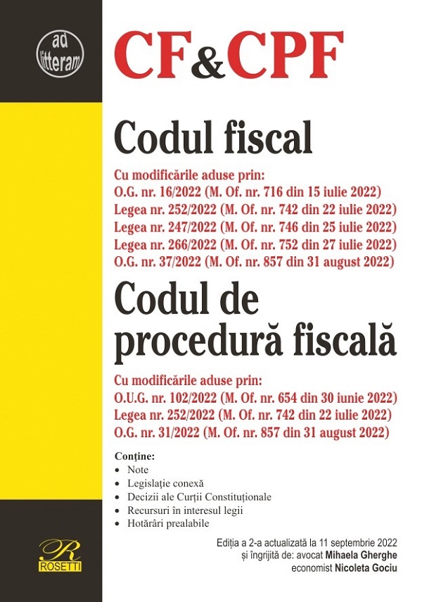 Codul fiscal. Codul de procedura fiscala Ed.2  Act. 11 septembrie 2022
