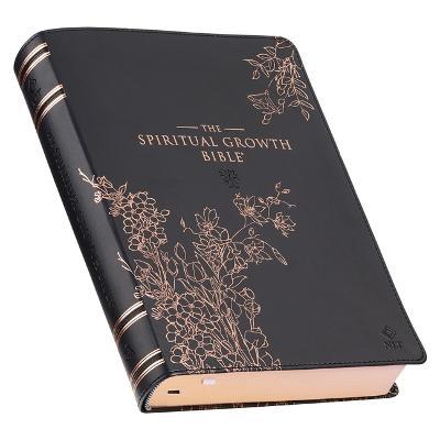 The Spiritual Growth Bible, Study Bible, NLT - New Living Translation Holy Bible, Faux Leather, Black Rose Gold Debossed Floral - Christianart Gifts