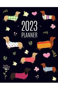 Poza produsului Dachshund Planner 2023: Funny Dog Monthly Agenda January-December Organizer (12 Months) Cute Puppy Scheduler with Flowers & Pretty Pink Hearts - Happy Oak Tree Press