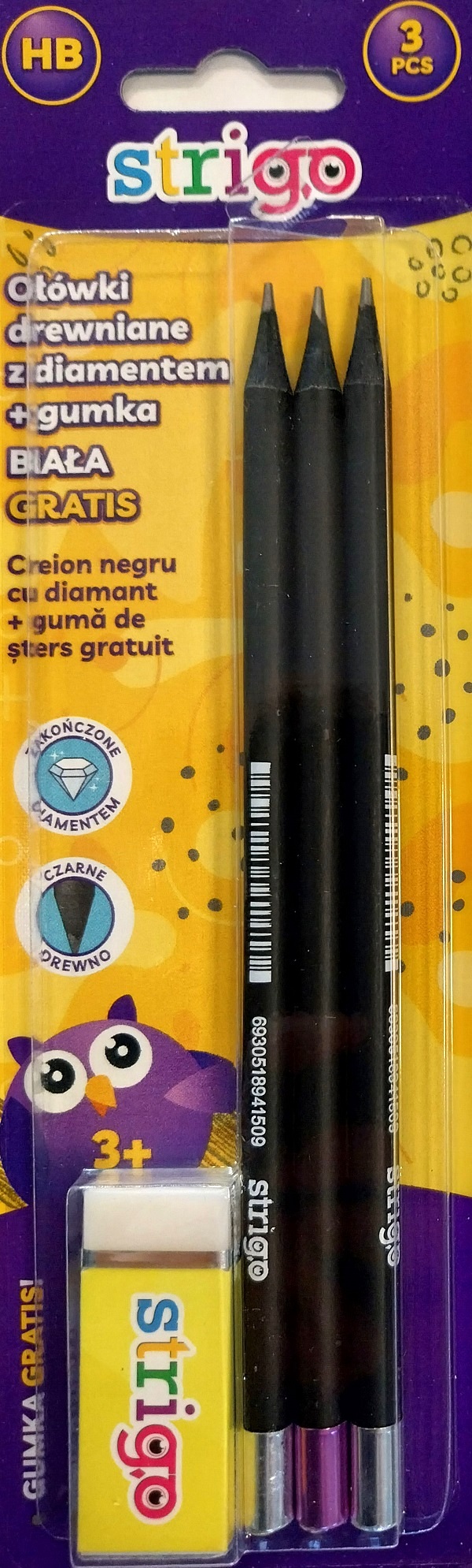 Set 3 creioane HB Diamant colorat si guma de sters