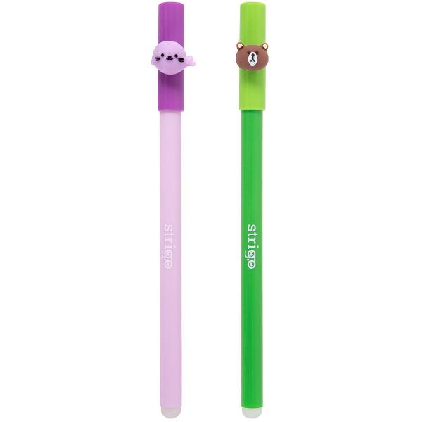 Set 2 pixuri cerneala termosensibila + guma de sters magica: Verde si mov. Seria Animale