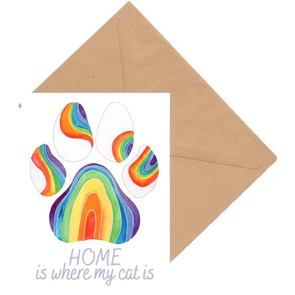 Felicitare curcubeu: Seria Paw Print. Home is where my cat is