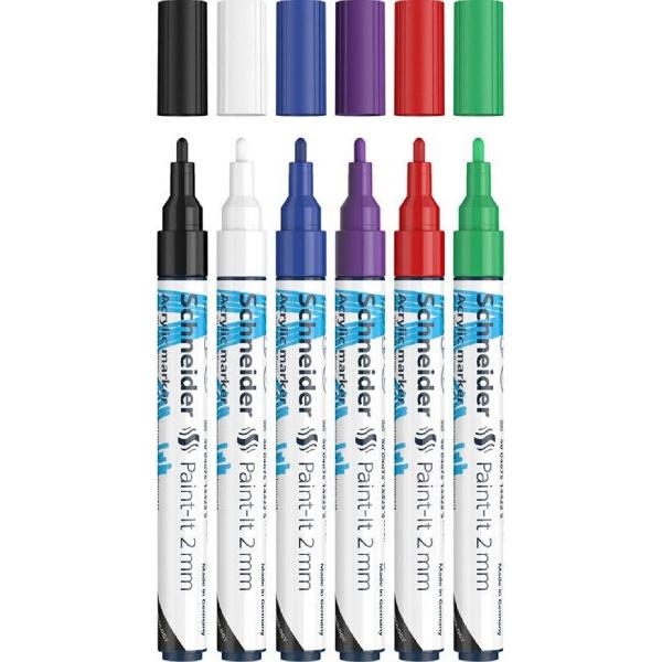 Set 6 markere cu vopsea acrilica Paint-it 2 mm: Albastru, rosu, verde, mov, negru, alb