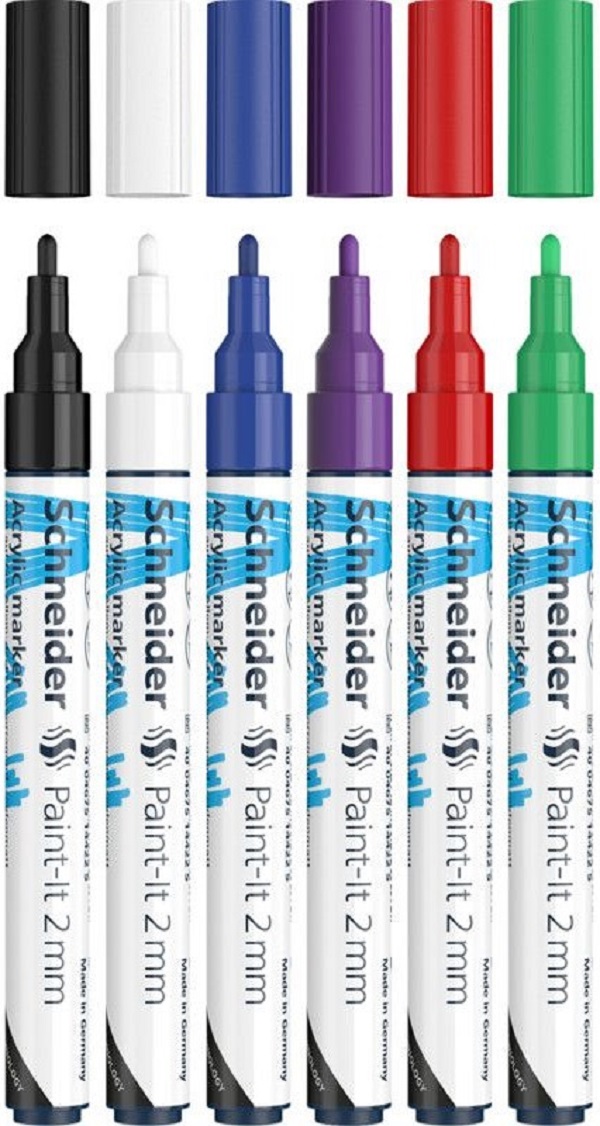 Set 6 markere cu vopsea acrilica Paint-it 2 mm: Albastru, rosu, verde, mov, negru, alb