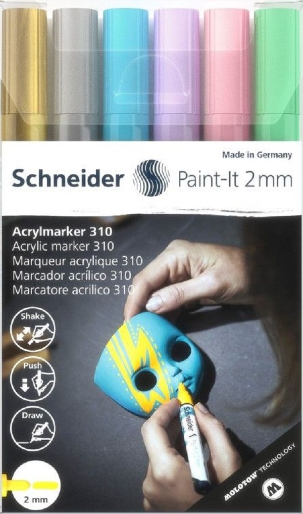 Set 6 markere cu vopsea acrilica Paint-it 2 mm: Auriu, argintiu, bleu, violet, vernil, roz pastel