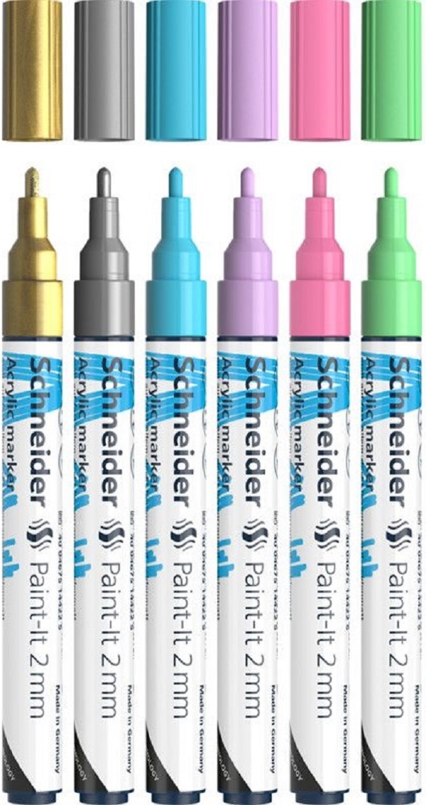 Set 6 markere cu vopsea acrilica Paint-it 2 mm: Auriu, argintiu, bleu, violet, vernil, roz pastel