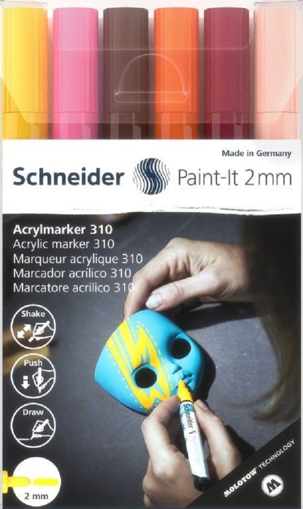 Set 6 markere cu vopsea acrilica Paint-it 2 mm: Galben, maro, portocaliu, roz, visiniu, caisa