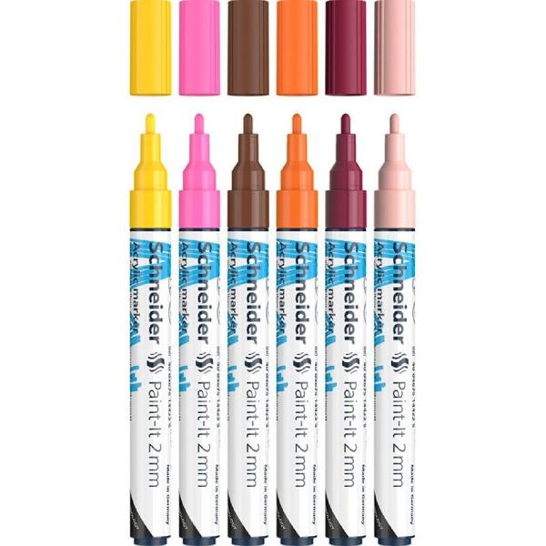 Set 6 markere cu vopsea acrilica Paint-it 2 mm: Galben, maro, portocaliu, roz, visiniu, caisa
