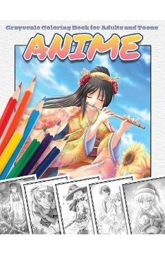 Coperta cărții 'Anime Grayscale Coloring Book for Adults and Teens - Draconis Publishing'