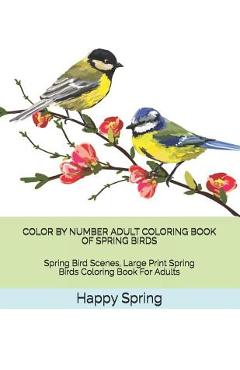 Coperta cărții 'Color by Number Adult Coloring Book of Spring Birds: Spring Bird Scenes, Large Print Spring Birds Coloring Book for'