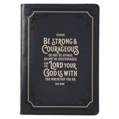 Classic Faux Leather Journal Be Strong Josh. 1:9 Blue Inspirational Notebook, Lined Pages W/Scripture, Ribbon Marker, Zipper Closure - Christian Art Gifts