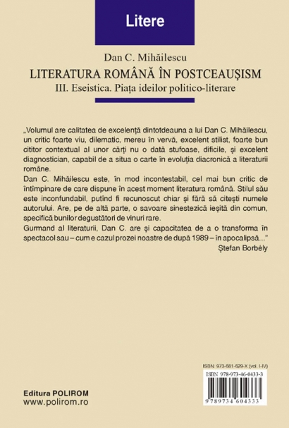 Coperta cărții 'Literatura romana in postceausism vol. III: eseistica - Dan C. Mihailescu'
