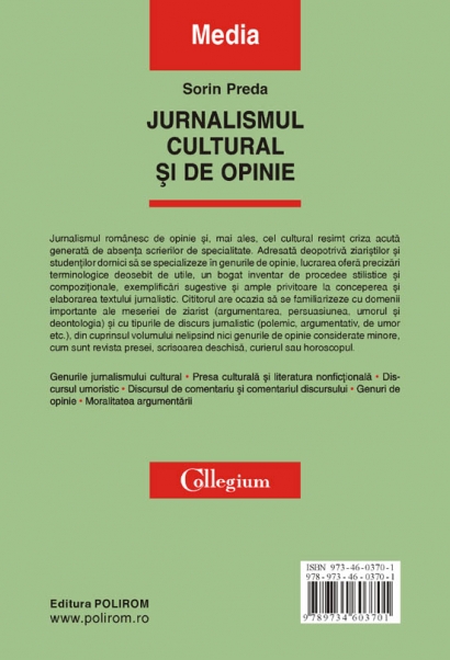Coperta cărții 'Jurnalismul cultural si de opinie - Sorin Preda'