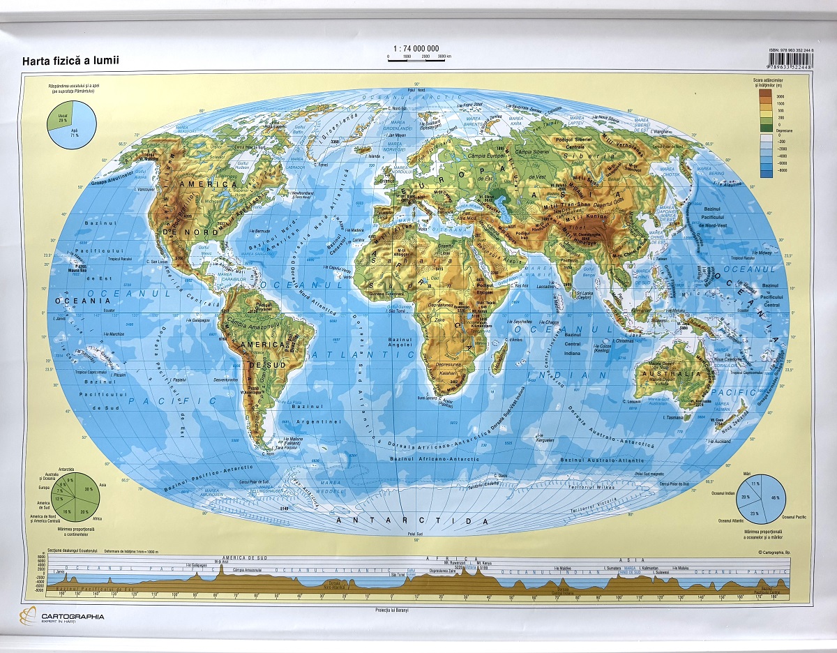 Lumea - Harta Fizica Cartographia 1:74 000 000