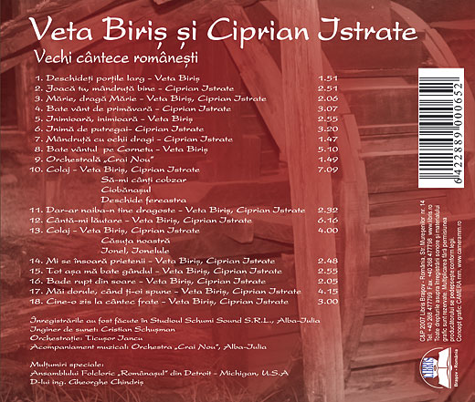 Imaginea produsului 'Cd Veta Biris Si Ciprian Istrate - Vechi Cantece Romanesti'