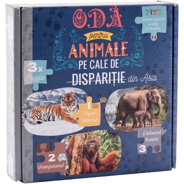 Puzzle 150 de piese. Oda pentru Animale pe cale de disparitie din Asia: Tigrul Siberian, Urangutanul si Elefantul Asiatic