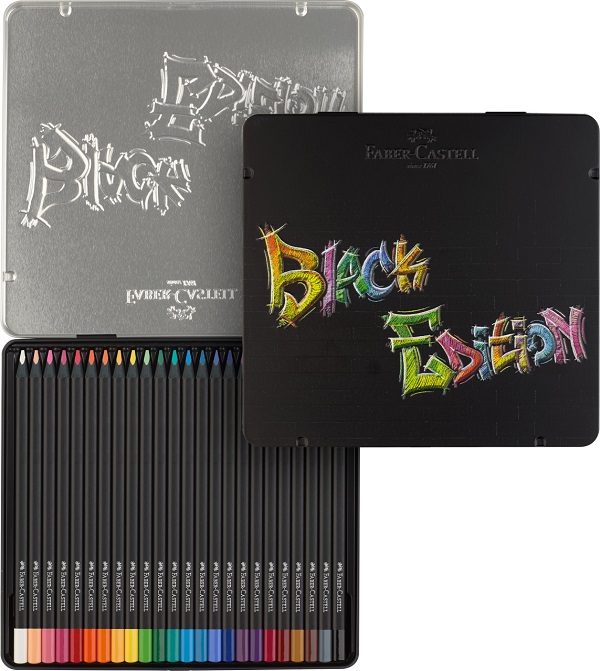 Creioane colorate 24 culori: Black edition. Cutie de metal