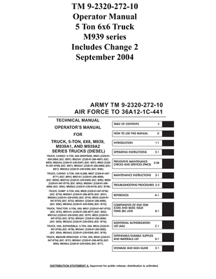 Coperta cărții 'TM 9-2320-272-10 Operator Manual 5 Ton 6x6 Truck M939 series Includes Change 2 September 2004 - Us Army'