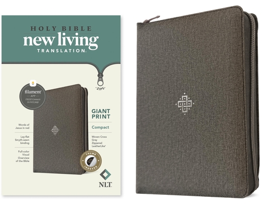 Coperta cărții 'NLT Compact Giant Print Zipper Bible, Filament-Enabled Edition, Zipper (Leatherlike, Woven Cross Gray, Indexed, Red'