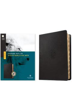 Coperta cărții 'NLT Courage for Life Study Bible for Men, Filament-Enabled Edition (Leatherlike, Onyx Lion, Indexed) - Tyndale'