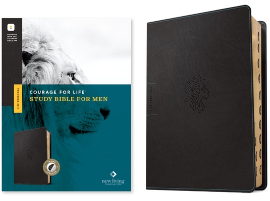 Coperta cărții 'NLT Courage for Life Study Bible for Men, Filament-Enabled Edition (Leatherlike, Onyx Lion, Indexed) - Tyndale'