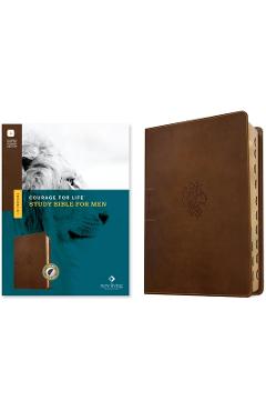 Coperta cărții 'NLT Courage for Life Study Bible for Men, Filament-Enabled Edition (Leatherlike, Rustic Brown Lion, Indexed) - Tyndale'