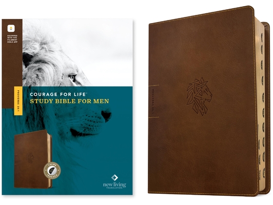 Coperta cărții 'NLT Courage for Life Study Bible for Men, Filament-Enabled Edition (Leatherlike, Rustic Brown Lion, Indexed) - Tyndale'
