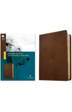 Coperta cărții 'NLT Courage for Life Study Bible for Men, Filament-Enabled Edition (Leatherlike, Rustic Brown Lion) - Tyndale'