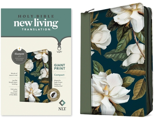 Coperta cărții 'NLT Compact Giant Print Zipper Bible, Filament-Enabled Edition (Leatherlike, Magnolia Sage Green, Indexed, Red Letter)'