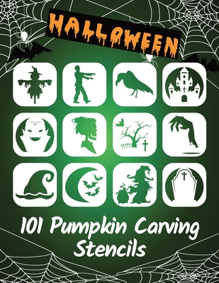 Coperta cărții '101 Pumpkin Carving Stencils: Template Patterns for Funny and Scary Halloween Decor Adults & Kids - Fantomo Press'
