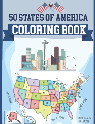 Coperta cărții '50 States USA Coloring Book: United States Coloring Book History and Geography Coloring Book USA Map Coloring Book -'