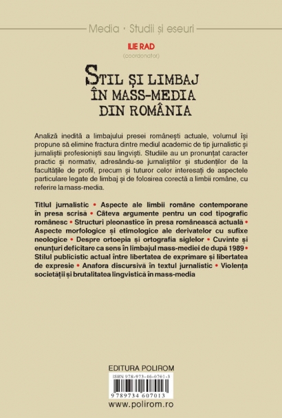 Coperta cărții 'Stil si limbaj in mass-media din Romania - Ilie Rad'