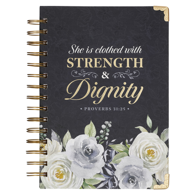 Christian Art Gifts Blue Journal W/Scripture Floral Strength & Dignity Large Bible Verse Notebook, 192 Ruled Pages, Prov. 31:25 Bible Verse - Christian Art Gifts