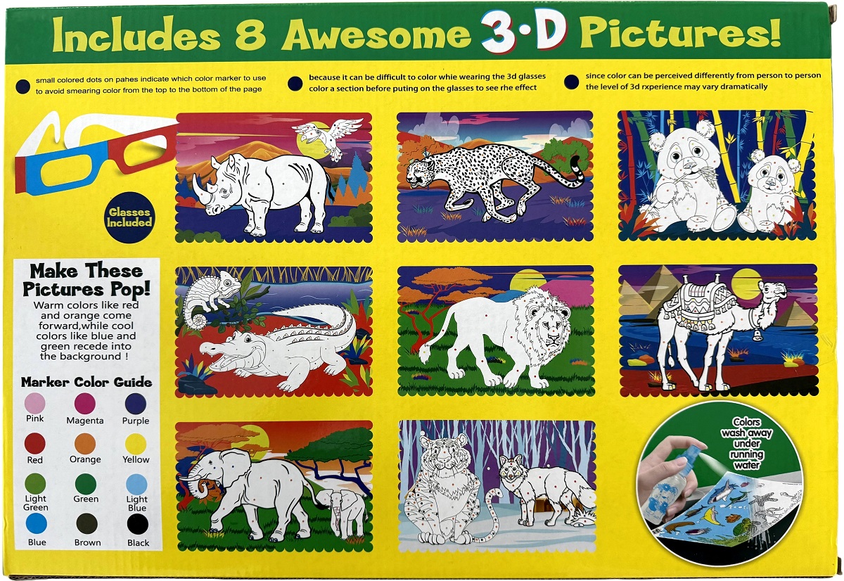 Carte de colorat lavabila cu ochelari 3D: Animale salbatice