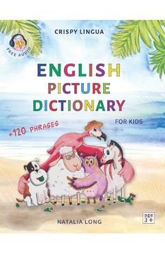 Coperta cărții 'English Picture Dictionary for kids: A board game, colors, numbers, shapes, ABC, first words and phrases - Natalia Long'