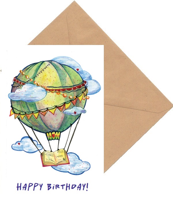 Felicitare: Happy Birthday! Balon, carte, nori