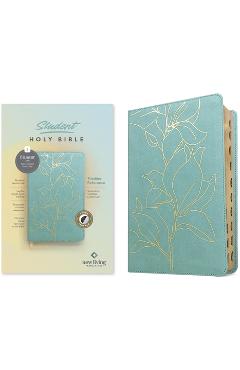 Coperta cărții 'NLT Student Bible, Thinline Reference, Filament-Enabled Edition (Leatherlike, Tropical Iris Teal Blue, Indexed, Red'