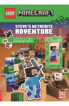 Coperta cărții 'LEGO® Minecraft®: Steve’s Netherite Adventure Search & Find Sticker Activity (with Steve minifigure and sword) -'