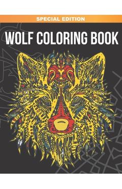 Coperta cărții 'Wolf Coloring Book: Amazing Wolves Designs for Stress Relief, Relaxation and Inspiration - Bonsai Crafts'