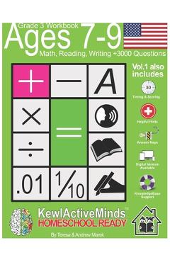 Coperta cărții 'Grade 3, Ages 7-9 Math, Reading, Writing Practice Workbook - Vol1, 3000 Questions: American Content with Answer Keys,'
